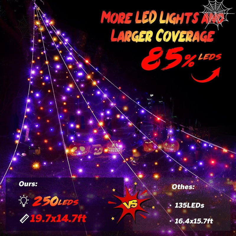 BlcTec Halloween Decorations Outdoor Huge Spider Web Decorations, 19.7ft x 14.7ft Sturdy Lighted White Spider Web with 250 LED Purple Orange Lights, 8 Modes, Timer, Waterproof for Outdoor Decor - Image 2